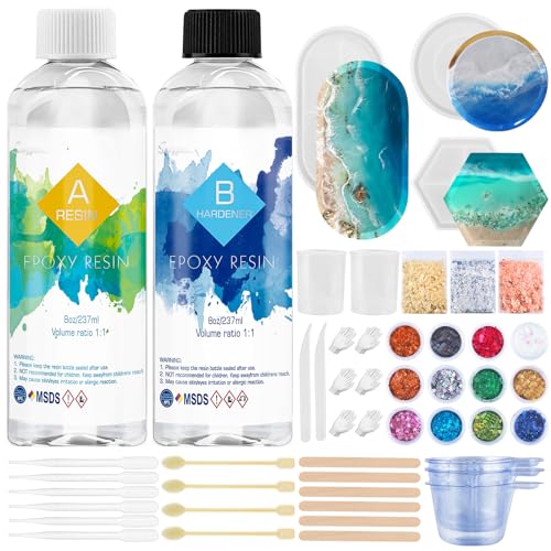 Epoxidharz Set Anfänger 474ml/16oz Glasklar Gießharz mit Untersetzerform, Epoxy resin Harz Gießen Set für DIY Schmuckherstellung Handwerk mit 3 Goldfolien, 12 Glitzer, Messbecher und mehr Epoxidharz Set Anfänger 474ml/16oz Glasklar Gießharz mit Untersetzerform, Epoxy resin Harz Gießen Set für DIY Schmuckherstellung Handwerk mit 3 Goldfolien, 12 Glitzer, Messbecher und mehr von Suzzam