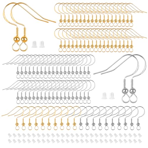 200 Stück Ohrring Haken Set, Ohrringe Selber Machen Set, 925 Sterling Silber Ohrhaken mit 100 Silikon Ohrring Stopper, Ohrringe Basteln - für DIY Ohrhänger Schmuckherstellun (Silber/Gold) von Svalor