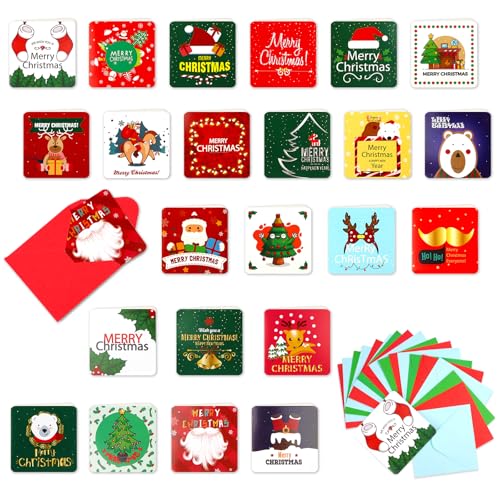 24 Stück Weihnachtskarten Set, Klein Weihnachtskarten mit Umschlag, 7x7cm Klappkarten Weihnachten, Christmas Cards, Blanko Grußkarten zum Schreiben, Weihnachtskarte Postkarten von Svalor