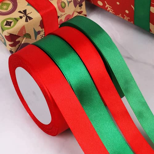 4 Rollen Weinachten Satinband, 88m Doppelseitiges Satinband, Polyester Weihnachtsband, Geschenkband, Seidenbänder für Weihnachten, DIY, Blumenstrauß (Rot, Grün) von Svalor