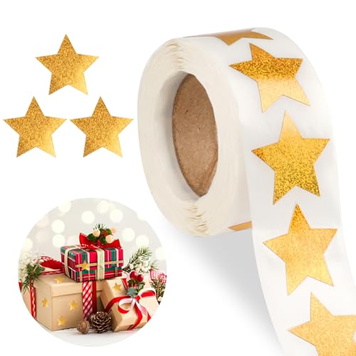 500 Stück Glitter Stern Aufkleber, Weihnachten Gold Sterne Aufkleber, Goldenen Glitzersternen Sticker Selbstklebend, 2.5cm Weihnachten Glitter Stern-Aufkleber, für Weihnachten DIY(1 Rolle) von Svalor
