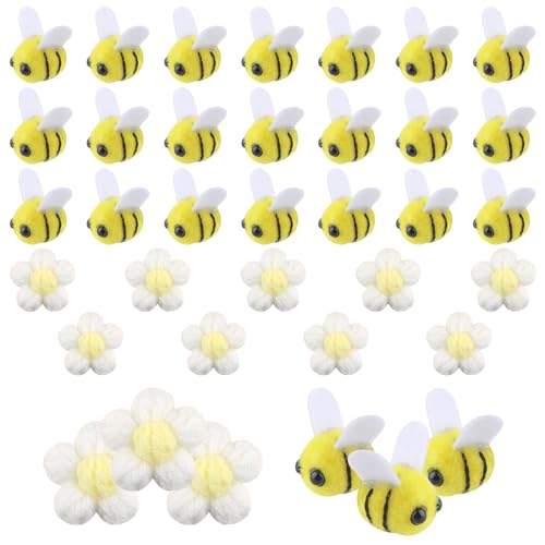 Bienen Deko Set, 24 Stück Filz Mini Biene, mit 12 Stück Häkelblumen Weiß, Niedlich Bienen Filzbienen, Handgefertigte Häkelblumen, Kleine Bienen Deko, Biene Mini Filzen, für DIY, Handwerk von Svalor