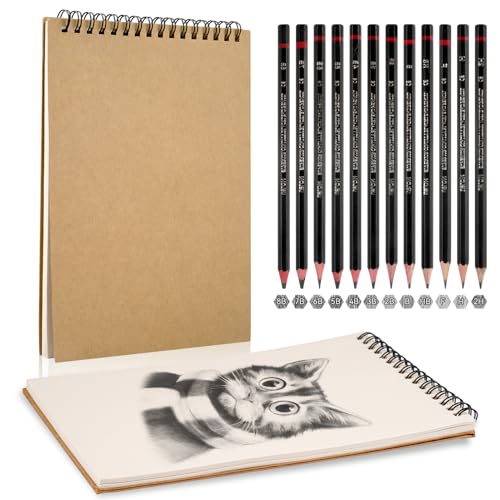 Sketchbook Set, 2 Stück A5 Skizzenbuch mit 12 Zeichenstifte Set, Spiralbindung Zeichenblock mit Hardcover, 120GSM Zeichenbuch A5 für Zeichnungen und Skizzen (30 Blatt/60 Seiten pro Buch) von Svalor