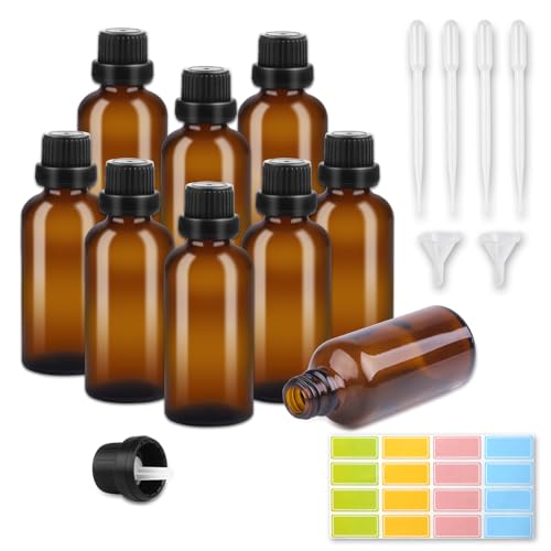 Svalor 8 Stück Pipettenflasche 50ml, Braunglasflasche, Tropfflasche, Apothekerflasche Flaschen ätherische Öle mit Trichter Aufkleber Tropfer und Etikett für Ätherische Öl, Parfümöle und Aromatherapie von Svalor