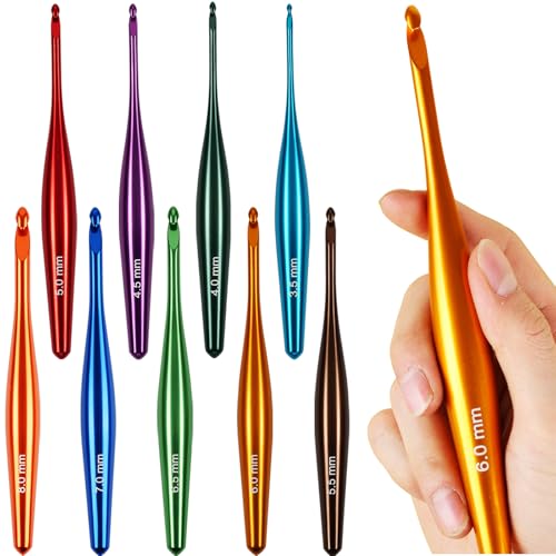 Svartur Ergonomische Häkelnadeln, 9 Stück, handpolierte Aluminium-Häkelnadeln (3,5 mm - 8 mm), stromlinienförmige Häkelnadeln, Premium, mehrfarbige Metall-Stricknadeln mit Aufbewahrungsbox von Svartur