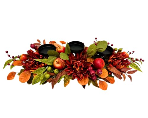 Svndlyn Kerzenhalter mit 3 Kerzenhaltern, Tischdekoration mit roten Chrysanthemen, Beeren, Apfel, Granatapfel, Ahorn und Eukalyptusblättern für Thanksgiving, Herbsternte Svndlyn Kerzenhalter mit 3 Kerzenhaltern, Tischdekoration mit roten Chrysanthemen, Beeren, Apfel, Granatapfel, Ahorn und Eukalyptusblättern für Thanksgiving, Herbsternte von Svndlyn