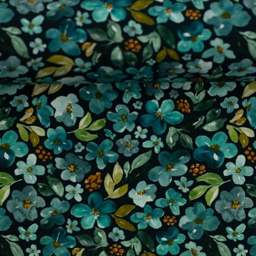 Baumwolljersey ELIAS mit Blumen – Öko-Tex Standard 100 – elastischer Jerseystoff mit Blumenmuster – Meterware ab 50 cm – für Bekleidung, Kinderkleidung & Nähprojekte (Kleine Blüten, petrol) von Swafing