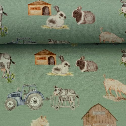 Jerseystoff Baumwolljersey FARM by Christiane Zielinski | Bauernhof, salbei | Ökotex | ab 50 cm | Meterware von Swafing