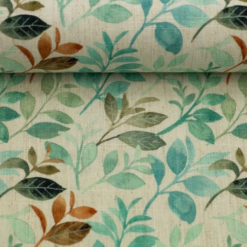 Viskose-Leinen Stoff Meterware – 70 % Viskose, 30 % Leinen – Öko-Tex Standard 100 – Blumen & Zweige Designs – ideal für Kleidung & Deko – ab 50 cm (Blätter, beige/aqua/braun) von Swafing