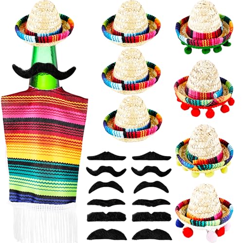 Swakuta Mini-Sombrero-Hüte-Set für mexikanische Flaschen, 8 Sombrero-Hüte, 12 künstliche Bärte, 8 Mini-Serapes, Bierponcho, Cinco de Mayo, mexikanische Fiesta, Party-Tischdekoration, 28-teilig Swakuta Mini-Sombrero-Hüte-Set für mexikanische Flaschen, 8 Sombrero-Hüte, 12 künstliche Bärte, 8 Mini-Serapes, Bierponcho, Cinco de Mayo, mexikanische Fiesta, Party-Tischdekoration, 28-teilig von Swakuta