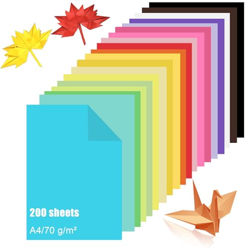 200 Blatt Buntes Papier A4, Farbiges Faltpapier in 20 Farben (70 g/m²), Tonpapier Bunt/Bastelpapier Zweiseitig für DIY Origami und Bastelprojekte von Swanaryo