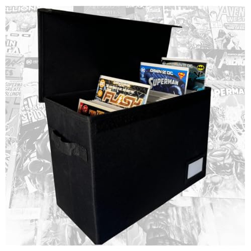 Comicbuch-Aufbewahrungsbox mit integrierter Trennwand (abnehmbar), schwarz, wasserabweisend, für 150 Comic-Bücher, durchgehender Klettverschluss, Flip-Top-Gehäuse, Comic-Buch-Aufbewahrungsbox, von Swanky Nerd