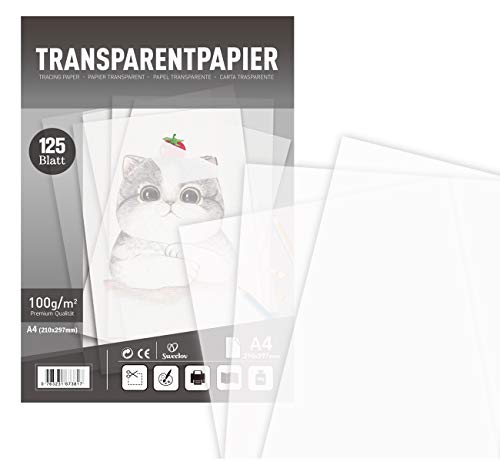 Sweelov 125 Blatt Transparentpapier Papier Transparent bedruckbar DIN A4,100 g/m² Pauspapier zum Zeichnen Basteln Bedrucken Premium Qualität von Aiscool