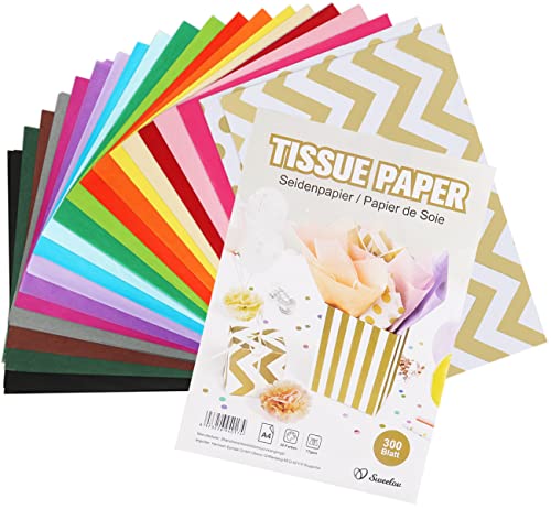 Sweelov Seidenpapier 300 Blatt, 20 Farben 16 g/qm Transparentpapier Bunt A4 für Füllmaterial Geschenk Geschenktüten, Pompoms,Basteln, Laterne, Tischdeko, Weihnachten Hochzeit von Sweelov