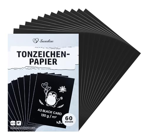 Tonpapier Schwarz A3, Schwarzes Papier Bastelpapier 60 Blatt 130g/m², Tonkarton Bastelkartonpapier zum Basteln und Gestalten, Zeichenkarton DIY Kreativ Zubehör für Fotoalben Scrapbooking Tonpapier Schwarz A3, Schwarzes Papier Bastelpapier 60 Blatt 130g/m², Tonkarton Bastelkartonpapier zum Basteln und Gestalten, Zeichenkarton DIY Kreativ Zubehör für Fotoalben Scrapbooking von Sweelov