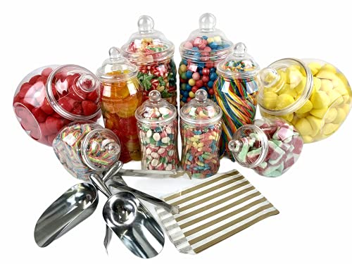 Sweet Candy Buffet Pick & Mix Gläser – Set mit 10 gemischten Gläsern mit viktorianischen Bommeldeckeln, 2 x Metallzange, Schaufeln und 100 x goldgestreifte Papiertüten von Sweet Tree Celebrations