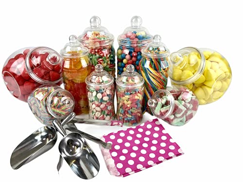 Sweet Candy Buffet Pick & Mix Gläser – Set mit 10 gemischten Gläsern mit viktorianischen Bommeldeckeln, 2 x Metallzange, Schaufeln und 100 x rosa gepunktete Papiertüten von Sweet Tree Celebrations