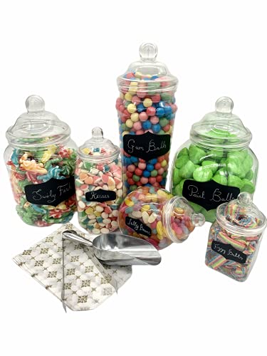 Sweet Candy Buffet Pick & Mix Gläser - Set von 6 verschiedenen Größen mit viktorianischen Bommeldeckeln, Tafel-Aufklebern, Kreidestift, Metallschaufel & Zange und 50 x Papiertüten (goldfarbener Stern) von Sweet Tree Celebrations