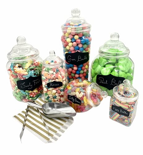 Sweet Candy Buffet Pick & Mix Gläser - Set von 6 verschiedenen Größen mit viktorianischen Bommeldeckeln, Tafel-Aufklebern, Kreidestiften, Metallschaufel und Zange und 50 x Papiertüten (Gold) von Sweet Tree Celebrations