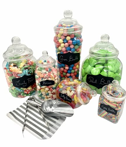Sweet Candy Buffet Pick & Mix Gläser - Set von 6 verschiedenen Größen mit viktorianischen Bommeldeckeln, Tafel-Aufklebern, Kreidestiften, Metallschaufel und Zange und 50 x Papiertüten (Silber) von Sweet Tree Celebrations
