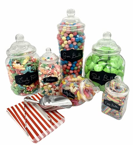 Sweet Candy Buffet Pick & Mix Gläser - Set von 6 verschiedenen Größen mit viktorianischen Bommeldeckeln, Tafel-Aufklebern, Kreidestiften, Metallschaufel und Zange und 50 x Papiertüten (rot) von Sweet Tree Celebrations