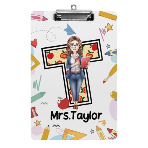 Personalisierte Acryl-Klemmbretter mit Metallclip, individuelles niedliches Lehrer-Klemmbrett mit Namens-Porträt, Geschenk für Lehrer, Studenten, Frauen, Klassenzimmer, Büro, Schule (Hochformat 20,3 von SweetJECCU