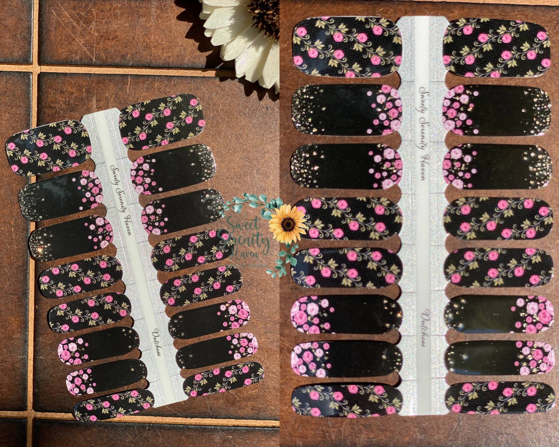 Dutchess Nail Polish Wraps; Schwarze Und Pinke Nagelstreifen; Glänzend; Rose Blume Art; Florales Design Dutchess Nail Polish Wraps; Schwarze Und Pinke Nagelstreifen; Glänzend; Rose Blume Art; Florales Design von SweetSerenityHaven