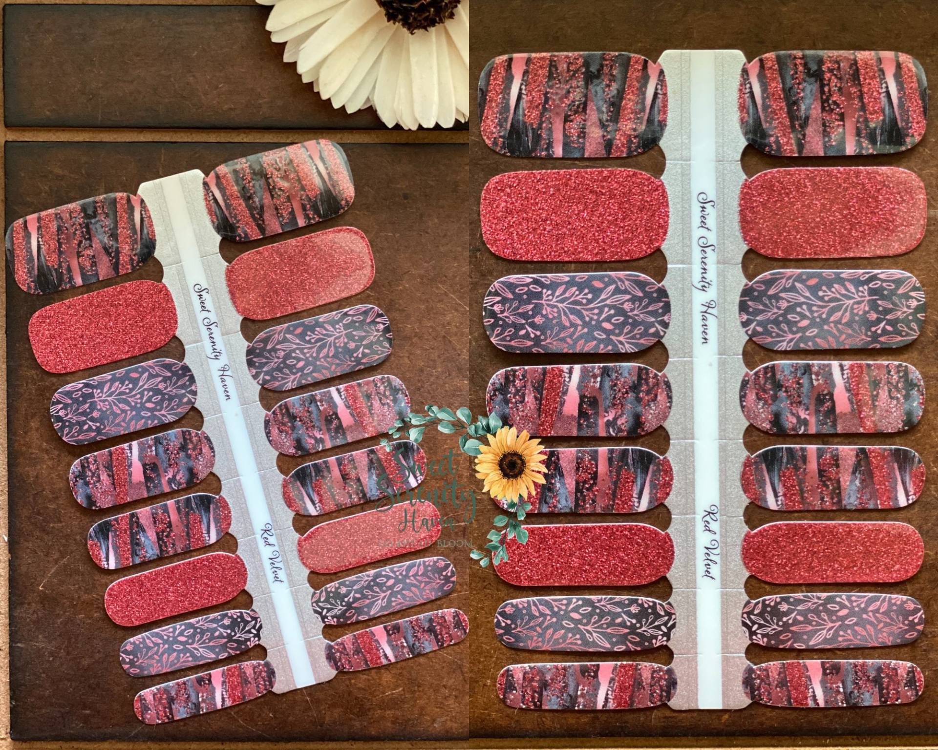 Roter Samt Nagellack Wraps; Rote Nagelstreifen; Glänzend Mit Glitzerakzenten; Florale Und Abstrakte Nagelkunst Roter Samt Nagellack Wraps; Rote Nagelstreifen; Glänzend Mit Glitzerakzenten; Florale Und Abstrakte Nagelkunst von SweetSerenityHaven