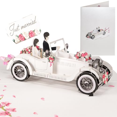 Sweetpopup® Edle Hochzeitskarte - 3D Pop Up Karte Hochzeit Glückswunsch | Glückwunschkarte Geschenk Hochzeitstag Brautpaar Hochzeitsreise just married | Klappkarte Hochzeitsauto & Brautpaar, 057 von Sweetpopup