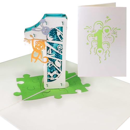 Sweetpopup® 3D Pop-Up Karte - Geburtstagskarte, Glückwunschkarte 1 Jahr | Klappkarte Nummer 1 & Tiere, 047 von Sweetpopup