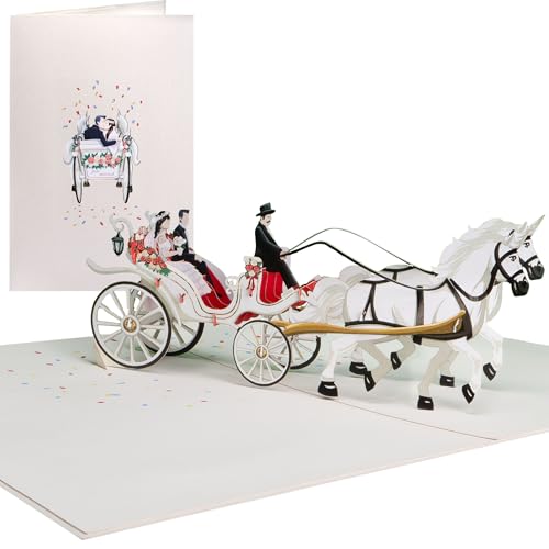 Sweetpopup® Hochzeitskarte | 3D Pop Up Karte zur Hochzeit | Jahrestag Glückwunsch | Premium Metallic-Papier & Filigran Handgefertigt | Klappkarte Hochzeitskutsche & Brautpaar 044 von Sweetpopup