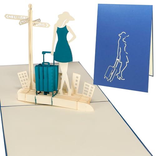 Sweetpopup® 3D Pop Up Karte Reise Glückwunsch | Geburtstagskarte Glückwunschkarte Reisegutschein Geschenkkarte Geburtstag Reise Flugreise Urlaub Abschied | Klappkarte Frau & Koffer, 193 von Sweetpopup