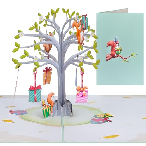 Sweetpopup [NEU] 3D Pop-Up Karte | Glückwunschkarte, Geburtstagskarte, Dankeskarte, Geschenkkarte | Kreative Grußkarte & Geschenkidee | Klappkarte Baum mit Geschenken & Eichhörnchen, 074 von Sweetpopup