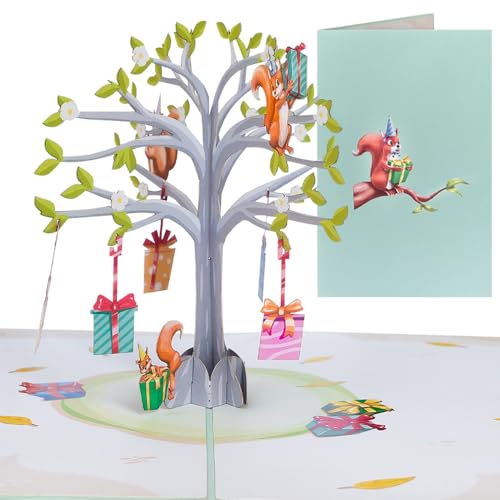 Sweetpopup® Eichhörnchen 3D Pop-Up Karte - Wunschkarte Glückwunschkarte Geburtstagskarte Dankeskarte Geschenkkarte | Kreative Grußkarte & Geschenkidee | Klappkarte Baum mit Geschenken, 074 von Sweetpopup