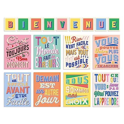 S&O 8 Klassenzimmer-Poster für französische Studenten, 9 Buchstaben, Willkommensschild für Akademie, Wachstumsmindset, Wandkunst für Werkstatt, Cadeau Professurs en Francais, Farbdrucke für von Sweetzer & Orange