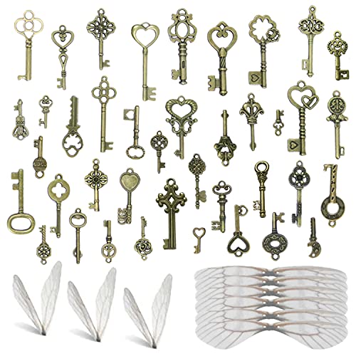 Sweieoni Vintage Schlüssel Deko Antiken Anhänger Set 40 Stück Deko Schlüssel Retro Anhänger mit Libellen Flügel Charm Set Vintage Schlüssel Antik Schlüsseln für DIY, Antikbronze, ca. 1,5-5 cm von Sweieoni