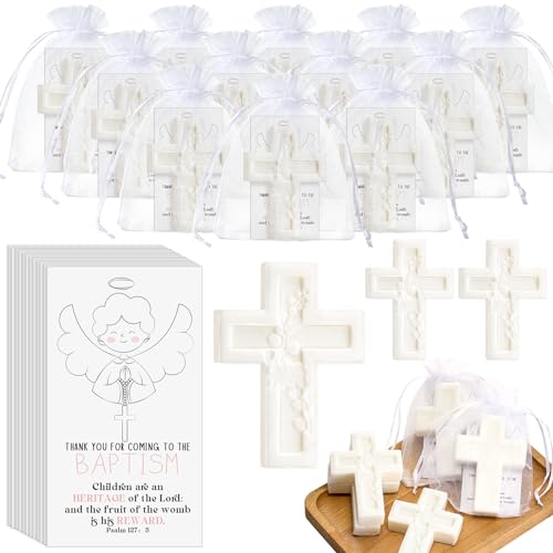 Swiffen - Packung mit 50 Taufgeschenken für Babyparty, Kreuzseife mit Grußkarten, Organzabeutel, Taufgeschenk, Kommunion, Taufe, Gastgeschenk, Party von Swiffen