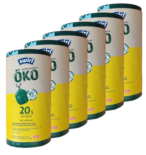 6x Swirl Öko Müllbeutel 20L Reißfest & dicht 20 L - nicht kompostierbar - 6 Rollen mit je 18 Beuteln 45x50 cm von Swirl