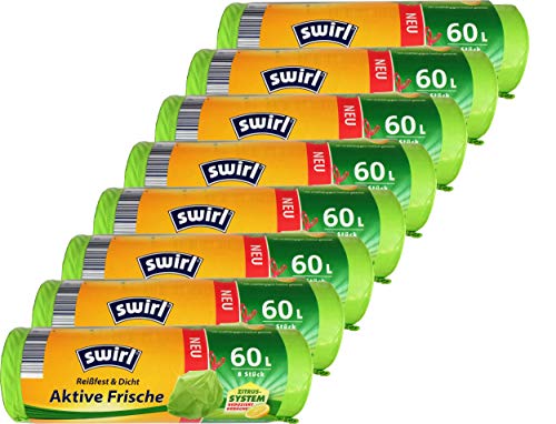 8x Swirl Aktive-Frische-Müllbeutel 60 l mit Zugband, grün (8 Rollen x 8 Beutel/Rolle = 64 Beutel) von Swirl