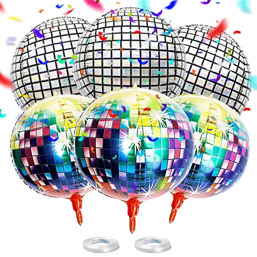 4D Disco Folienballons, 6 Stück 22 Inches Disco Party Deko Disco Luftballons Riesenspiegel Metallic Runde Disco Party Luftballons Dekorationen 70er Jahre Tanz Party Hochzeitszubehör von SwirlColor