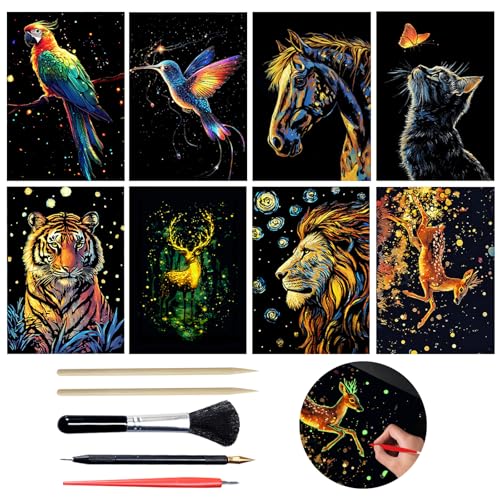 Kratzbilder für Kinder Erwachsene 8Pcs, leuchtende Tier Kratzkunst Papier Farbe Gravur kratzende Malerei mit 5pcs Werkzeugen Kratzbilder für Kinder Erwachsene 8Pcs, leuchtende Tier Kratzkunst Papier Farbe Gravur kratzende Malerei mit 5pcs Werkzeugen von SwirlColor