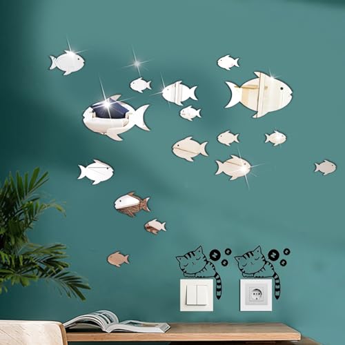 Wandsticker Wohnzimmer, Spiegel Wandaufkleber Fische, 18 Niedliche Selbstklebende Wandkunstaufkleber für Kinderzimmer, mit 2 Katzenschalter Aufklebern von SwirlColor