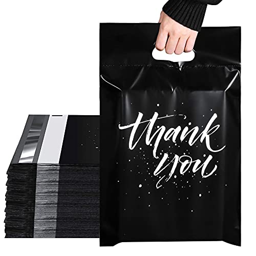 Switory Versandtaschen 12X15,5" (305x394mm), 100 Stück, Umschläge mit Griff, Verpackungstasche für Kleidung, selbstklebend, leicht zu tragen, wasserdicht und reißfest, schwarz (thank you) von Switory
