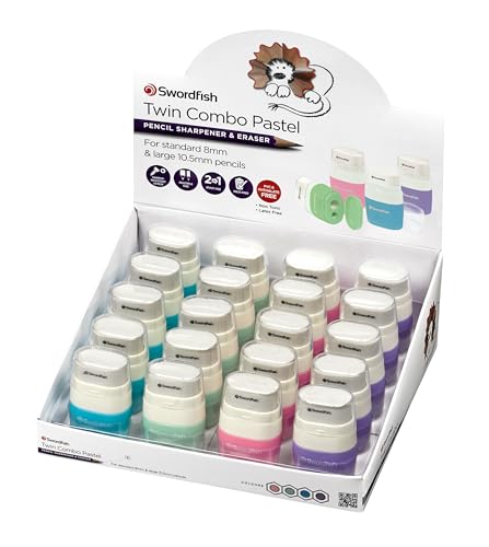 Swordfish Doppelloch-Bleistiftspitzer und Radiergummi "Twin Combo", Pastellfarben, 20 Stück, verschiedene Farben [40380] von Swordfish