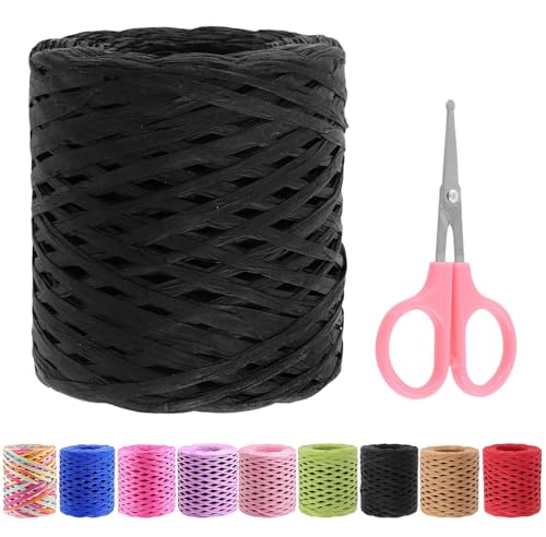 Swpeet 1-Rolle Schöne schwarze 218 Yards Raffia Papier Handwerk Band mit Schere Assortiment Kit, natürliche Raffia String Kraft Handwerk Verpackung Papier Twine für Geschenke DIY von Swpeet