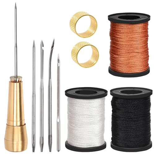 Swpeet 10Pcs Portable Canvas Leder Nähen Awl Nadel Kit beinhaltet 50m gewachstes Nylonschnur Faden, Kupfergriff, 2Pcs Fingerhut für schwere Stoffe, handgemachte Leder Nähwerkzeuge und Leder Reparatur von Swpeet