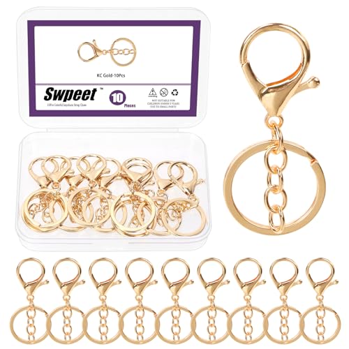 Swpeet 10pcs Light Gold Hummer Claw Verschlüsse mit Schlüsselanhänger und Flat Split Schlüsselanhänger Ring Sortiment Kit, Schwenkverschlüsse Haken Clips Schwenkschnapps Haken für Taschengurt von Swpeet
