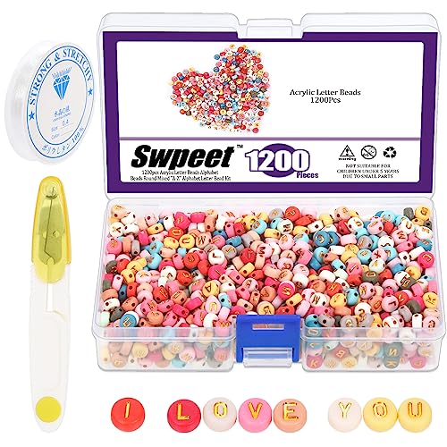 Swpeet 1202Pcs bunten Buchstaben Perlen Acryl Perle Alphabet "A-Z" Runde Perlen, 4x7mm gemischt "A-Z" Alphabet Perle Spacer lose Perle mit 1 Rolle Crystal String Schnur und Schere für Schmuck von Swpeet