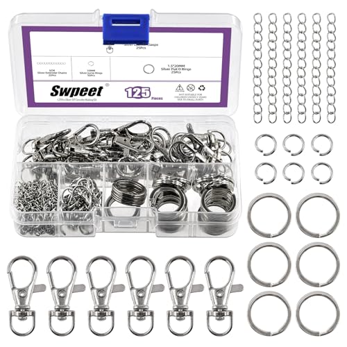 Swpeet 125Pcs Silber Schlüsselanhänger Herstellung Set, 25Pcs Swivel Lanyard Snap Hook, 25P Schlüsselanhänger Ring, 25P Extender Ketten, 50P Open Jump Ringe, Swivel Hummer Verschlüsse, Swpeet 125Pcs Silber Schlüsselanhänger Herstellung Set, 25Pcs Swivel Lanyard Snap Hook, 25P Schlüsselanhänger Ring, 25P Extender Ketten, 50P Open Jump Ringe, Swivel Hummer Verschlüsse, von Swpeet