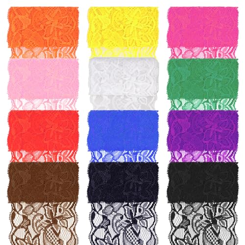 Swpeet 12Pcs Dekorative elastische Stoff Spitze Trim Spitze Sortiment Kit (Colorful Kit, 8CM) 12 Rolls 5 Yard von 3.15" Breite gemischte Farben Spitze Stoff Stretch Elastic, Trim Spitze Band von Swpeet
